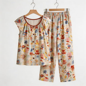 Completo da casa in stile rustico con motivo floreale. - Beige - 2XL - image 0