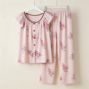 Pigiama con maniche a volant e chiusura frontale con bottoni, fantasia floreale. - Rosa - 2XL - image 0