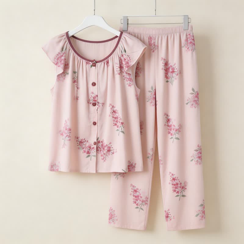 Pigiama con maniche a volant e chiusura frontale con bottoni, fantasia floreale. - Rosa - 2XL - image 0