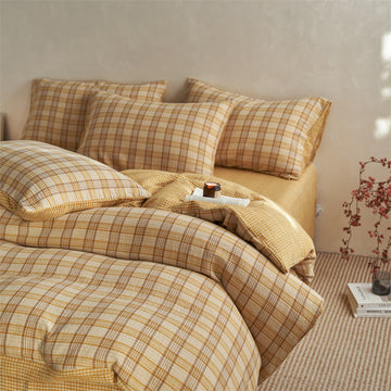 Set di biancheria da letto con copripiumino a quadri in cotone - Giallo - Matrimoniale Grande - Foglio piano - image 0