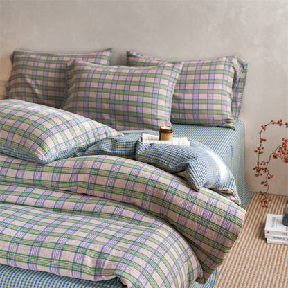 Set di biancheria da letto con copripiumino a quadri in cotone - Giallo e viola - Matrimoniale Grande - Foglio piano - image 11