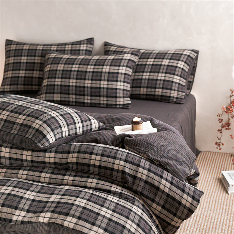 Set di biancheria da letto con copripiumino a quadri in cotone - Grigio scuro - Matrimoniale Grande - Foglio piano - image 4