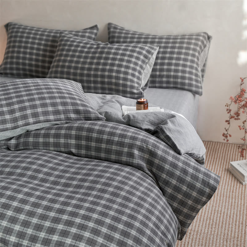 Set di biancheria da letto con copripiumino a quadri in cotone - Grigio chiaro - Matrimoniale Grande - Foglio piano - image 5