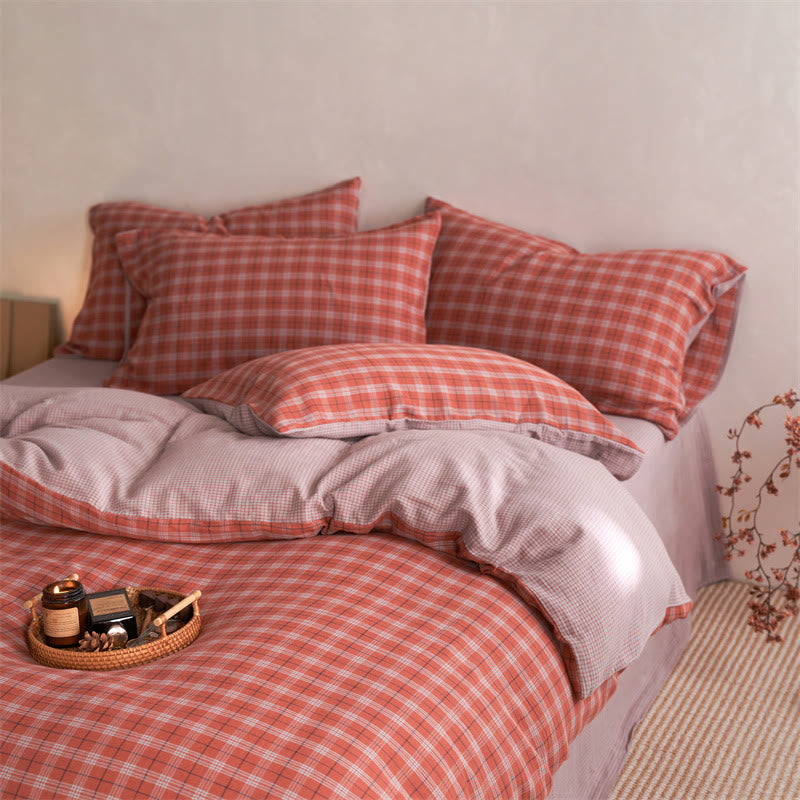 Set di biancheria da letto con copripiumino a quadri in cotone - Rosso chiaro - Matrimoniale Grande - Foglio piano - image 6