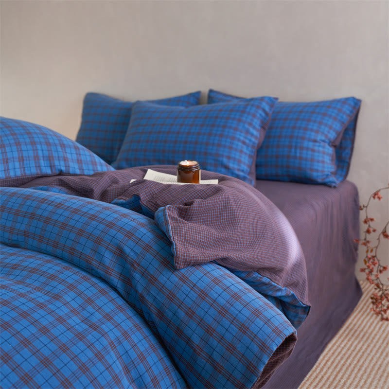 Set di biancheria da letto con copripiumino a quadri in cotone - Blu scuro - Matrimoniale Grande - Foglio piano - image 7