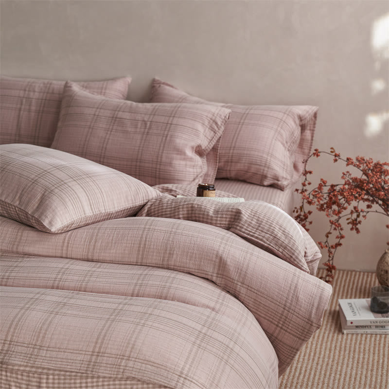 Set di biancheria da letto con copripiumino a quadri in cotone - Rosa - Matrimoniale Grande - Foglio piano - image 8