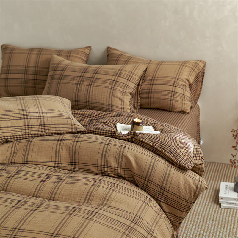 Set di biancheria da letto con copripiumino a quadri in cotone - Marrone - Matrimoniale Grande - Foglio piano - image 9