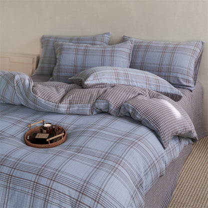 Set di biancheria da letto con copripiumino a quadri in cotone - Azzurro chiaro - Matrimoniale Grande - Foglio piano - image 10