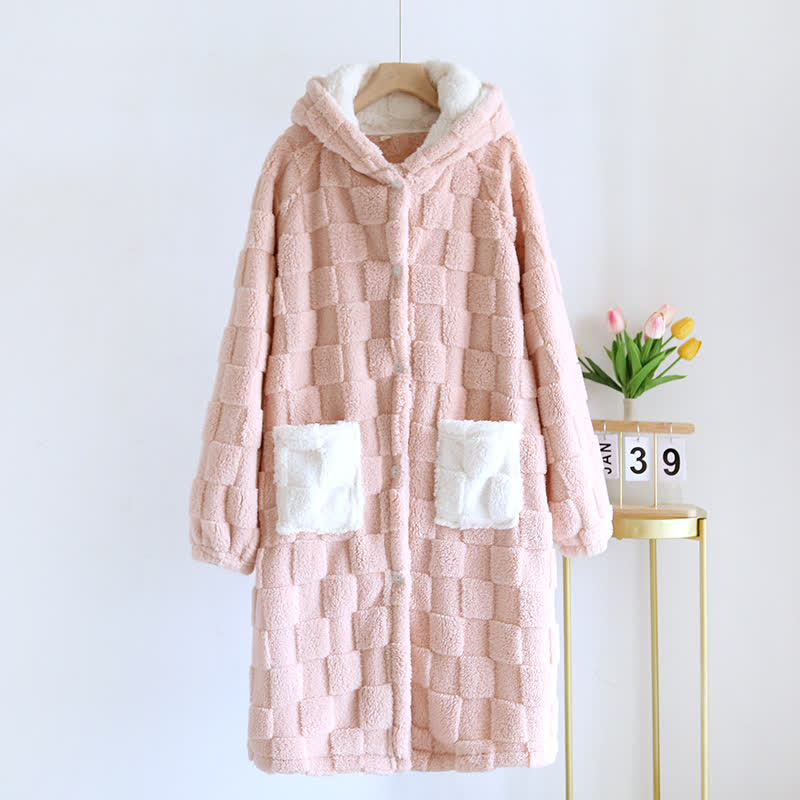 Accappatoio con cappuccio in flanella con trama a griglia, coordinato per la coppia. - Rosa - Donne: L - image 3