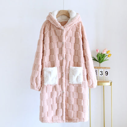 Accappatoio con cappuccio in flanella con trama a griglia, coordinato per la coppia. - Rosa - Donne: L - image 3