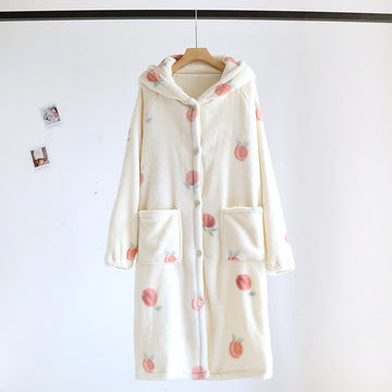 Accappatoio con cappuccio in peluche con stampa color pesca - Beige - L - image 0