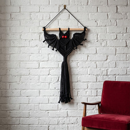 Decorazione da parete a forma di pipistrello in macramè gotico con nappe. - Nero - 30 cm x 46 cm - image 0