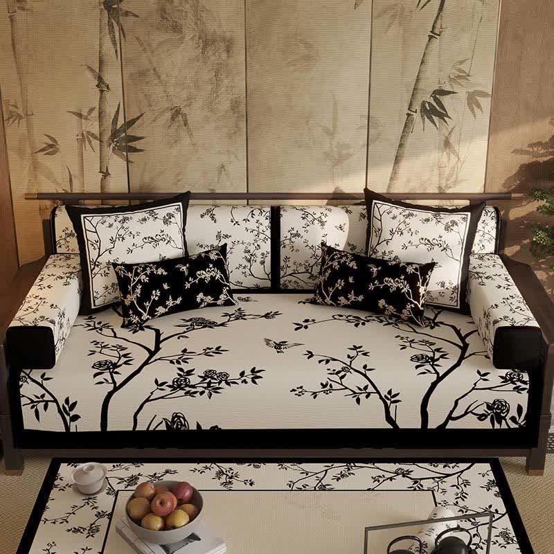 Fodera per divano vintage con motivo floreale e rami orientali. - Protezione per divano - 110cm x 280cm - image 0