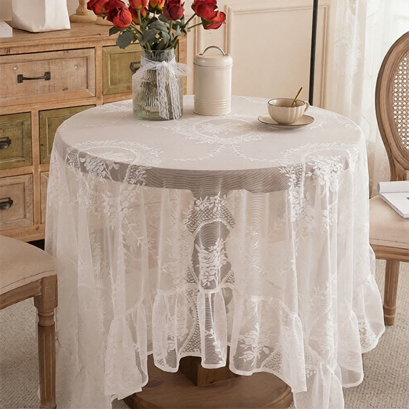 Tovaglia romantica con bordo a balze in pizzo floreale. - 150cm x 300cm - Rettangolo - Bianco - image 0