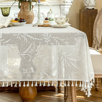 Tovaglia romantica con nappe e pizzo a foglie floreali. - 140cm x 260cm - Bianco - image 0