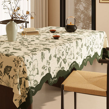 Tovaglia vintage in cotone e lino con stampa floreale verde - 140cm x 220cm - Rettangolo - image 0