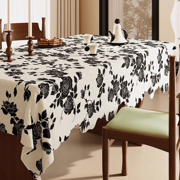 Lussuosa tovaglia in cotone e lino con motivo a rose nere - 140cm x 220cm - Rettangolo - image 0