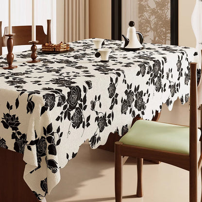 Lussuosa tovaglia in cotone e lino con motivo a rose nere - 140cm x 220cm - Rettangolo - image 0