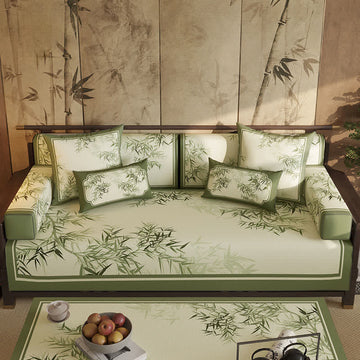 Fodera per divano vintage con foglie di bambù verdi - Protezione per divano - 110cm x 280cm - image 0