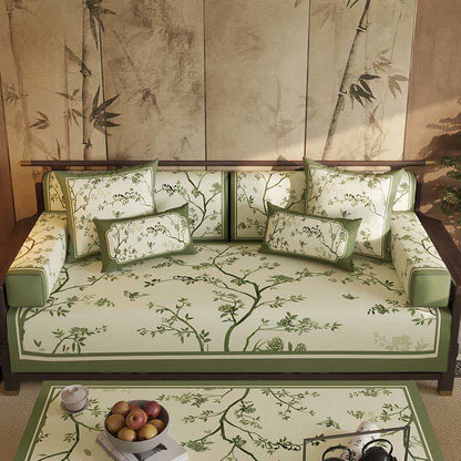 Fodera per divano vintage con motivo floreale e rami verdi. - Protezione per divano - 110cm x 280cm - image 0