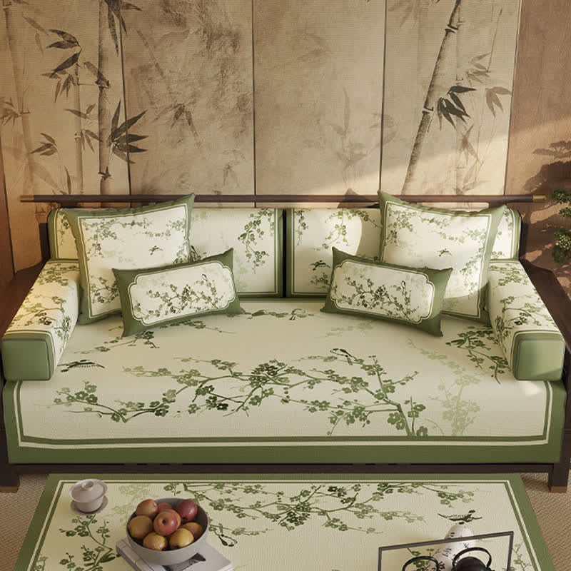 Fodera per divano vintage con fiori di prugno verdi - Protezione per divano - 110cm x 280cm - image 0