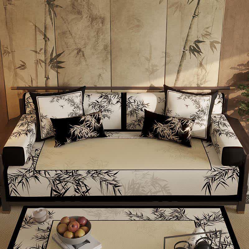 Elegante copridivano vintage con foglie di bambù. - Protezione per divano - 110cm x 280cm - image 0