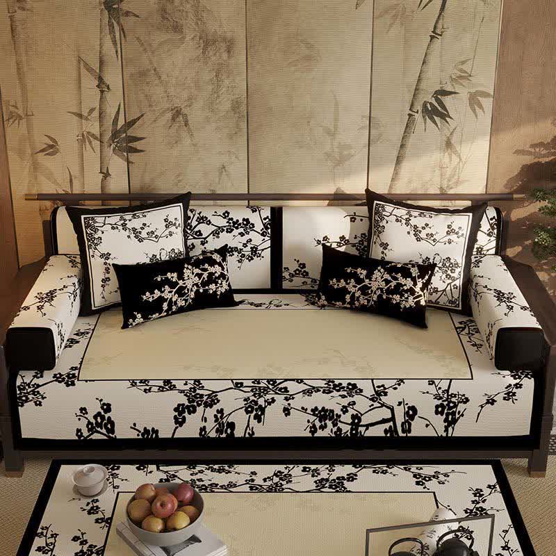 Copridivano con bordo a fiori di prugno orientali - Protezione per divano - 110cm x 280cm - image 0