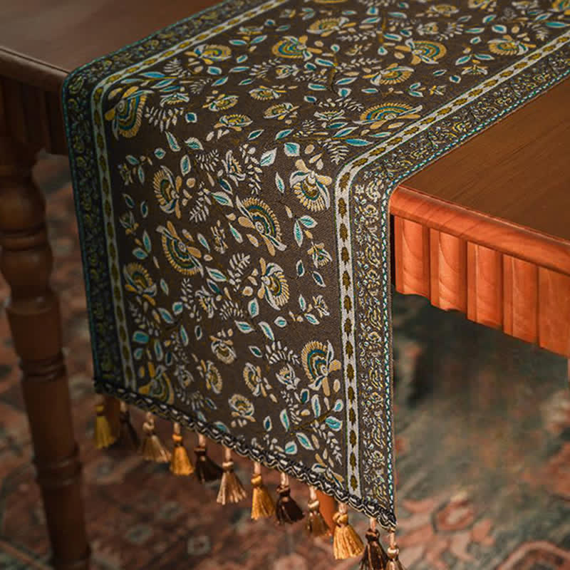 Runner da tavola vintage con nappe in jacquard a motivo rami. - image 11