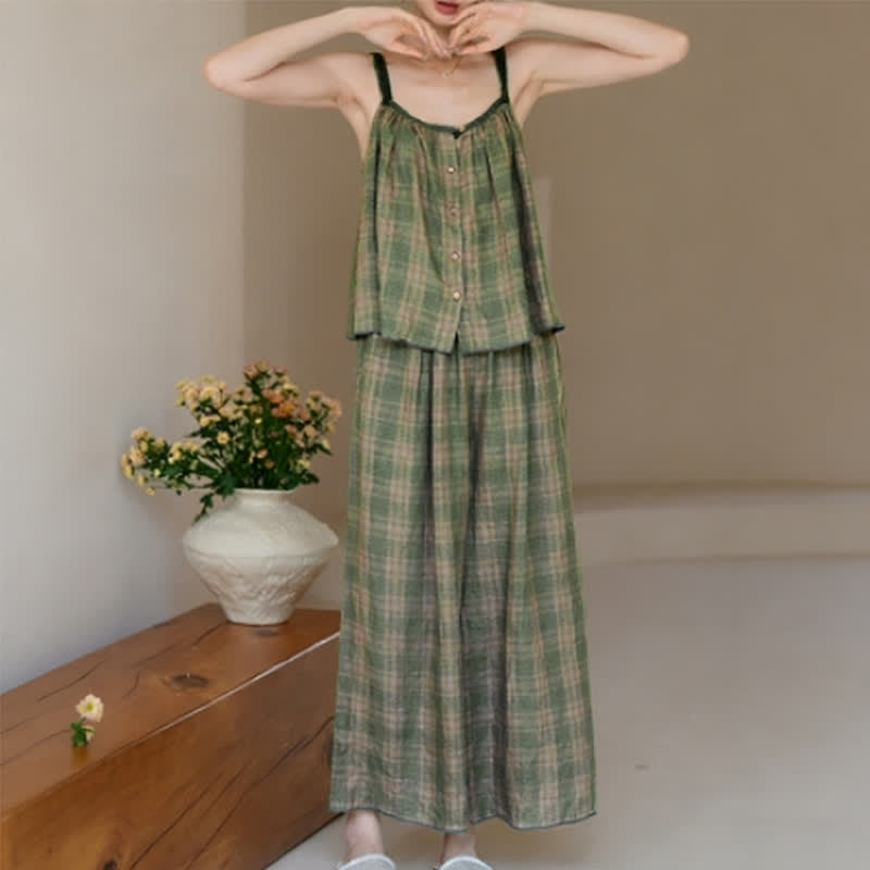 Completo pigiama composto da canotta e pantaloni a quadretti verdi - image 2