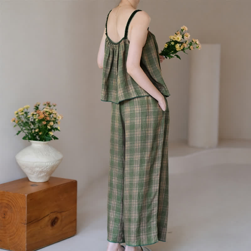 Completo pigiama composto da canotta e pantaloni a quadretti verdi - image 5