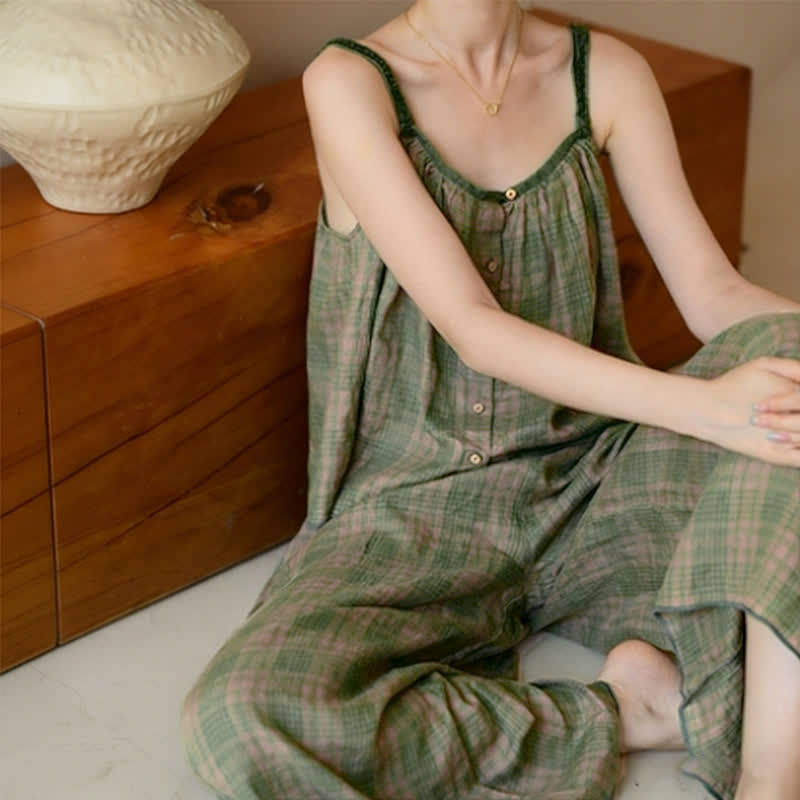 Completo pigiama composto da canotta e pantaloni a quadretti verdi - image 6