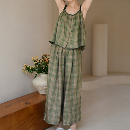 Completo pigiama composto da canotta e pantaloni a quadretti verdi - image 3