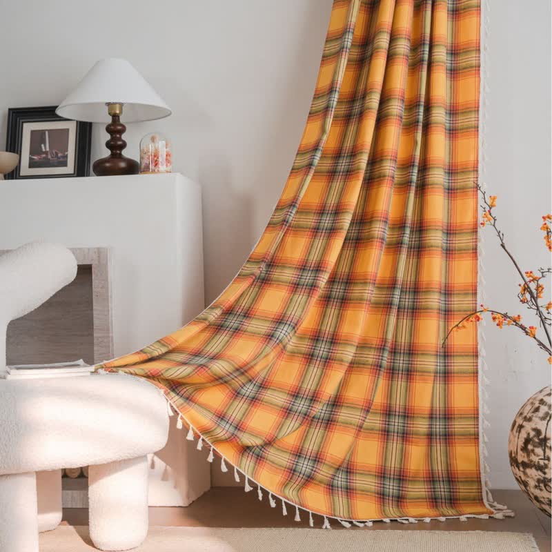 Tenda a nappe in stile rustico con motivo a quadri arancioni. - Occhiello - 140cm x 280cm - image 1