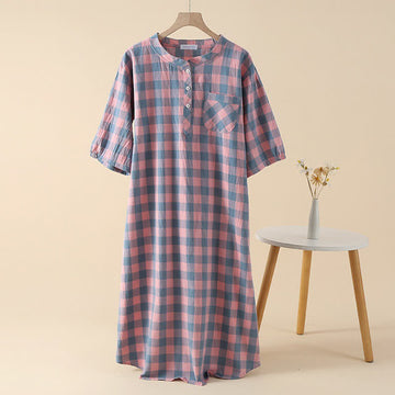 Camicia da notte in garza di cotone a quadri con 3 bottoni - Rosa - XL - image 0