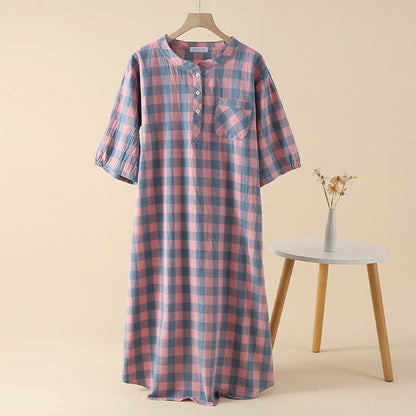Camicia da notte in garza di cotone a quadri con 3 bottoni - Rosa - XL - image 0