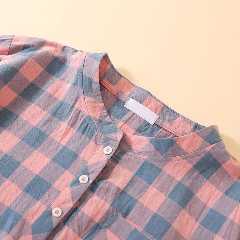 Camicia da notte in garza di cotone a quadri con 3 bottoni - image 1