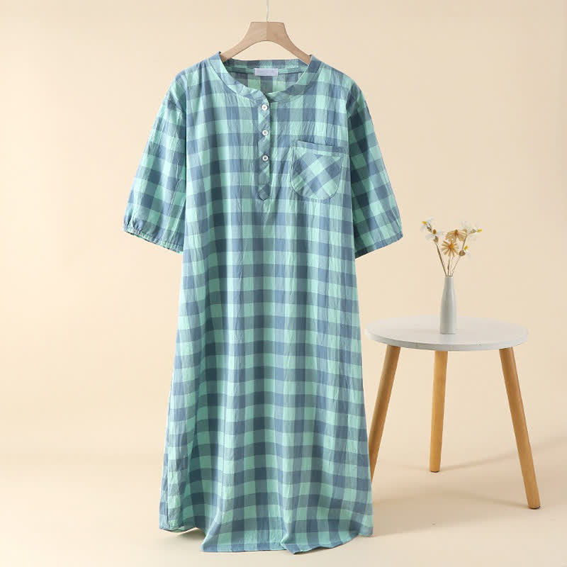 Camicia da notte in garza di cotone a quadri con 3 bottoni - Verde - XL - image 2