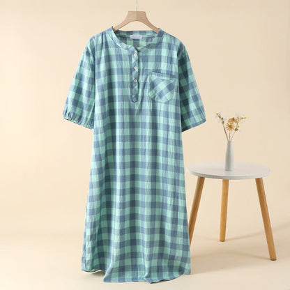 Camicia da notte in garza di cotone a quadri con 3 bottoni - Verde - XL - image 2