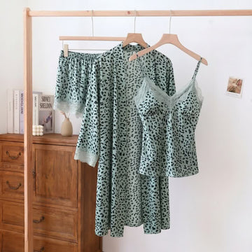 Completo vestaglia con top e pantaloncini con bordo in pizzo leopardato - Blu - 2XL - image 0