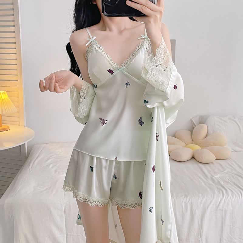Completo pigiama con canotta e spalline sottili in pizzo setoso a forma di farfalla. - image 11