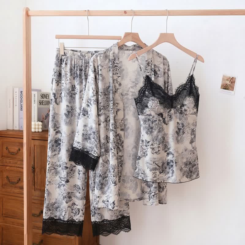 Elegante set di vestaglie nere con pizzo floreale (3 pezzi) - Bianco - XL - image 0