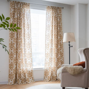 Tenda vintage gialla con motivo decorativo e nappe - Occhiello - 150cm x 300cm - image 0