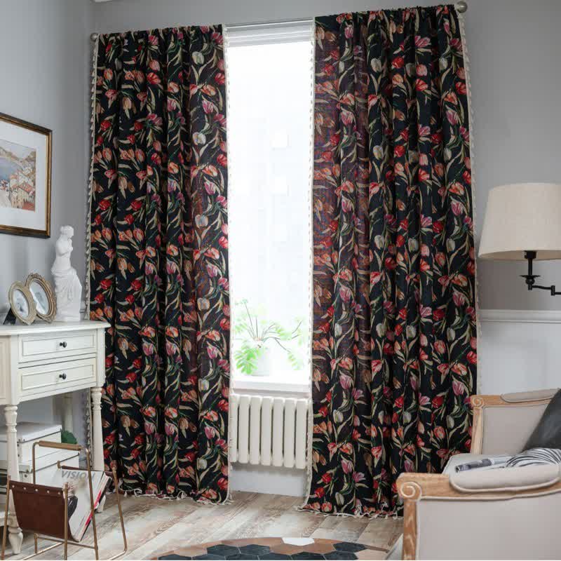 Tenda jacquard con motivo floreale di tulipani e nappe - Occhiello - 150cm x 300cm - image 0