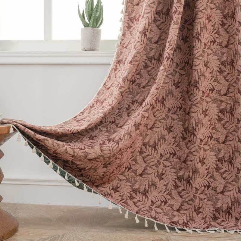 Tenda vintage in jacquard con motivo a foglie e nappe - Rosso - Occhiello - 150cm x 300cm - image 1
