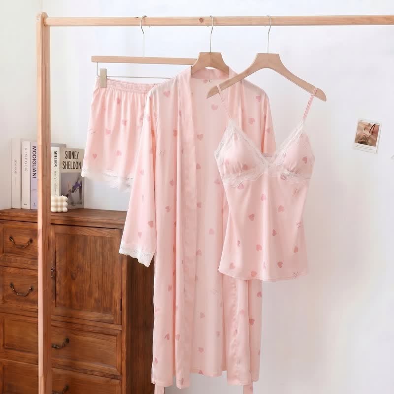 Completo pigiama composto da canotta e top con bordo in pizzo a forma di cuore e fiocco (3 pezzi) - Rosa - XL - image 1