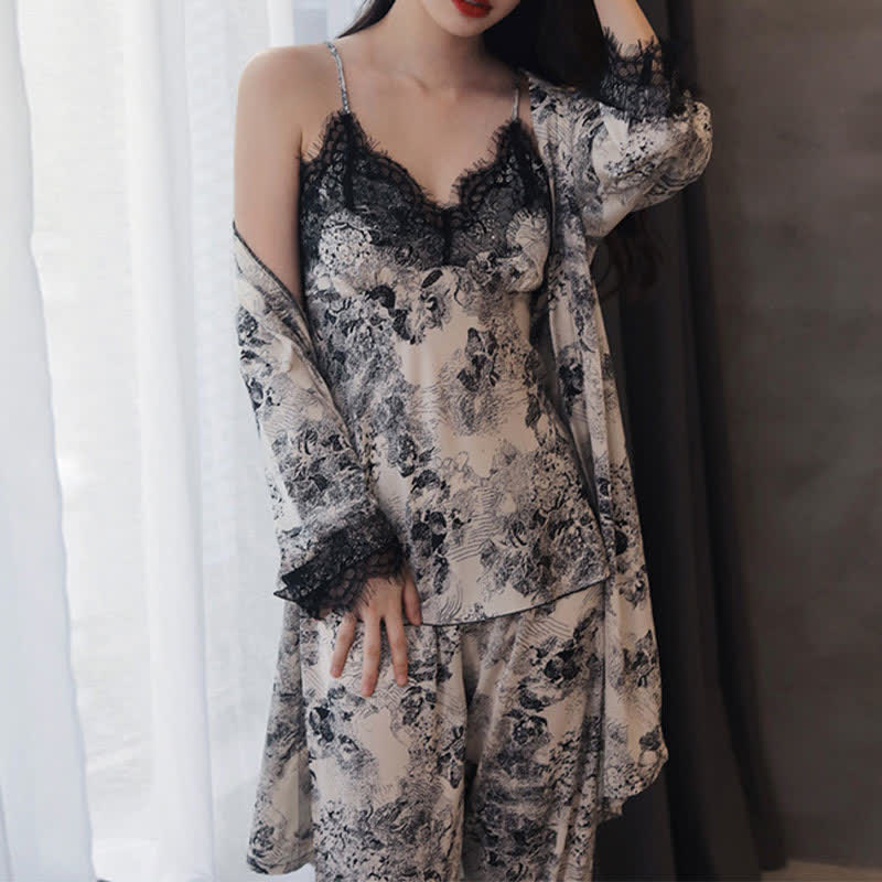 Elegante set di vestaglie nere con pizzo floreale (3 pezzi) - image 1