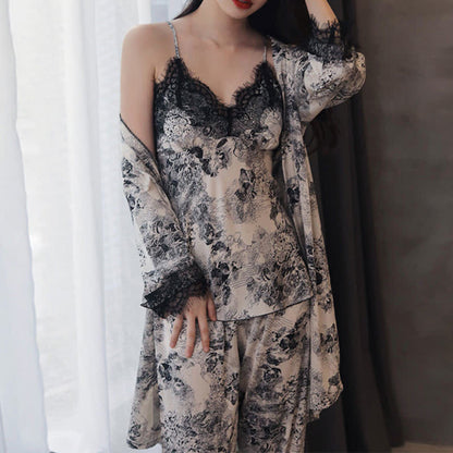 Elegante set di vestaglie nere con pizzo floreale (3 pezzi) - image 1