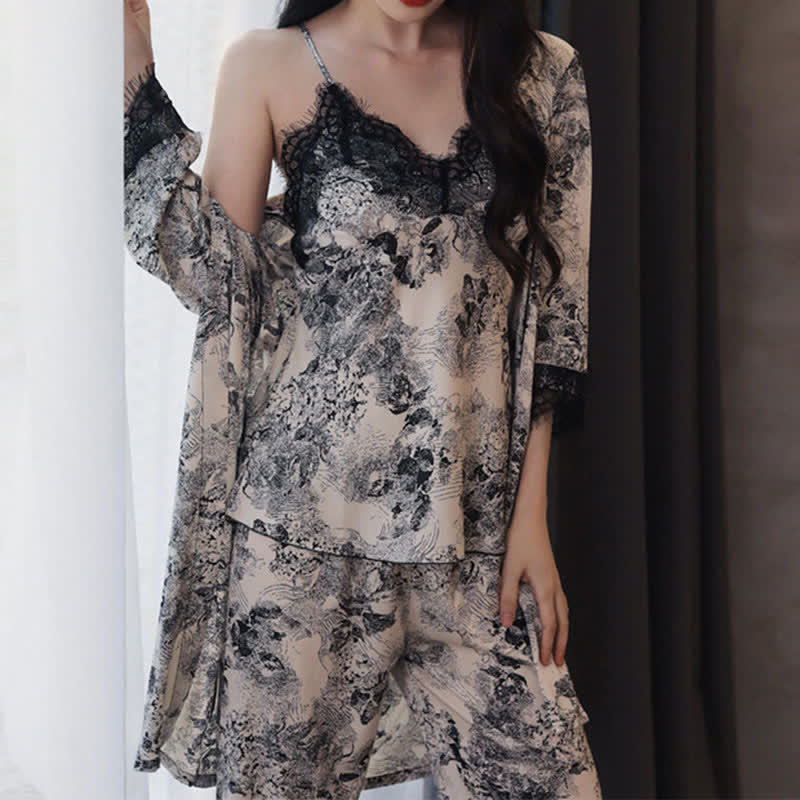 Elegante set di vestaglie nere con pizzo floreale (3 pezzi) - image 2