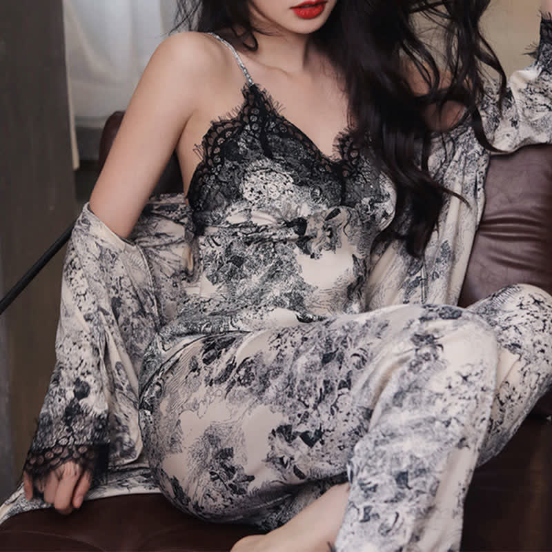 Elegante set di vestaglie nere con pizzo floreale (3 pezzi) - image 4