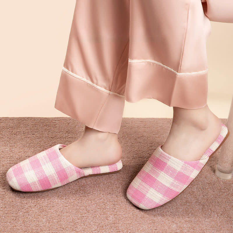 Eleganti pantofole antiscivolo in cotone e lino a quadri. - image 4